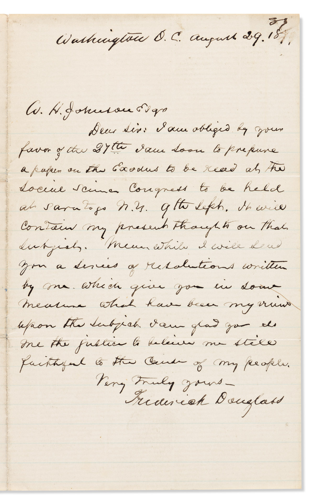 DOUGLASS, FREDERICK. Autograph Letter Signed, to W.H. Johnson,
